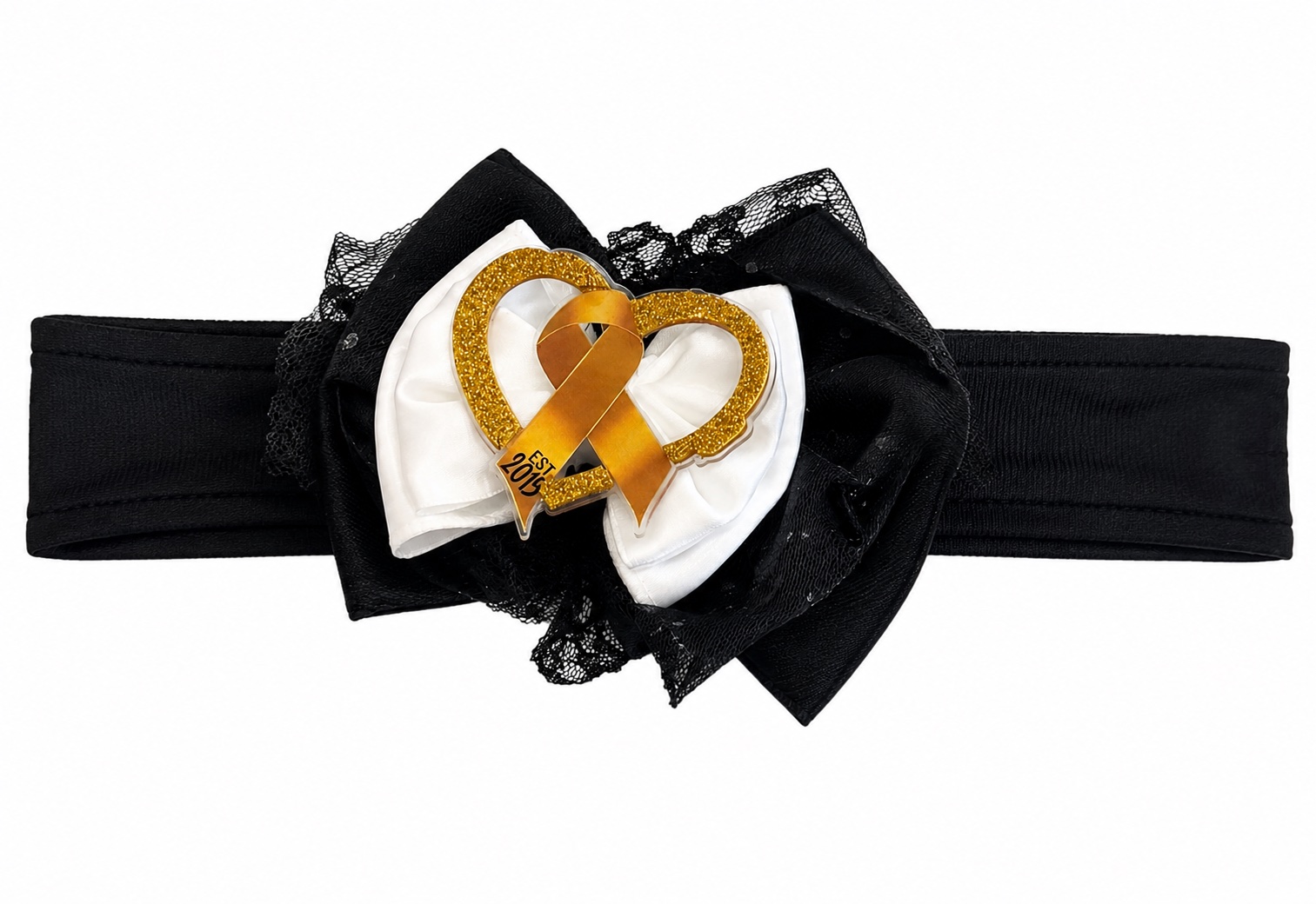 Whip Pediatric Cancer headband: soft black stretch band with a white satin and black tulle bow and a gold glitter heart with gold awareness ribbon